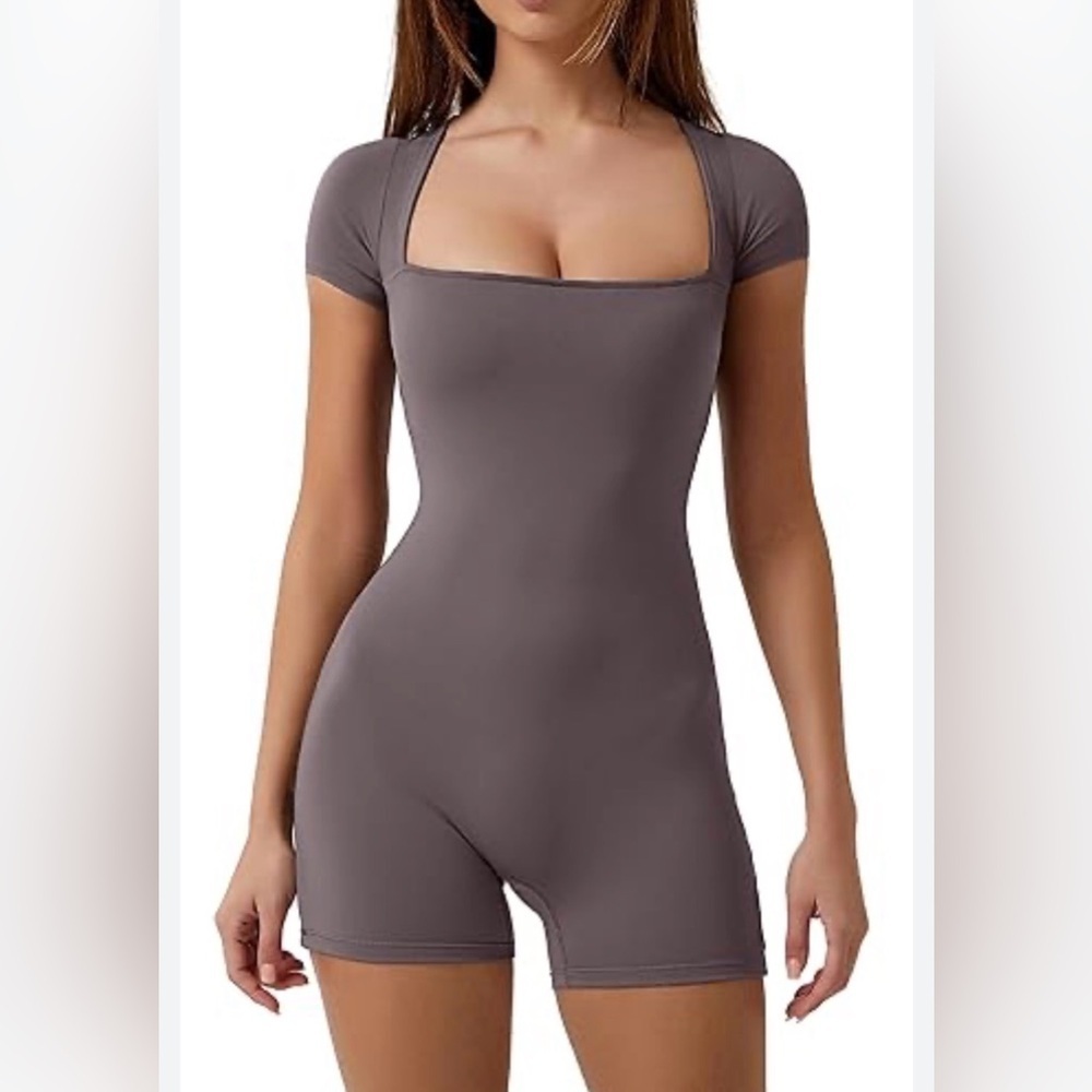 Qinsen Women's Brown Taupe Square Neck Bodysuit Romper Activewear Jumpsuit Sz L